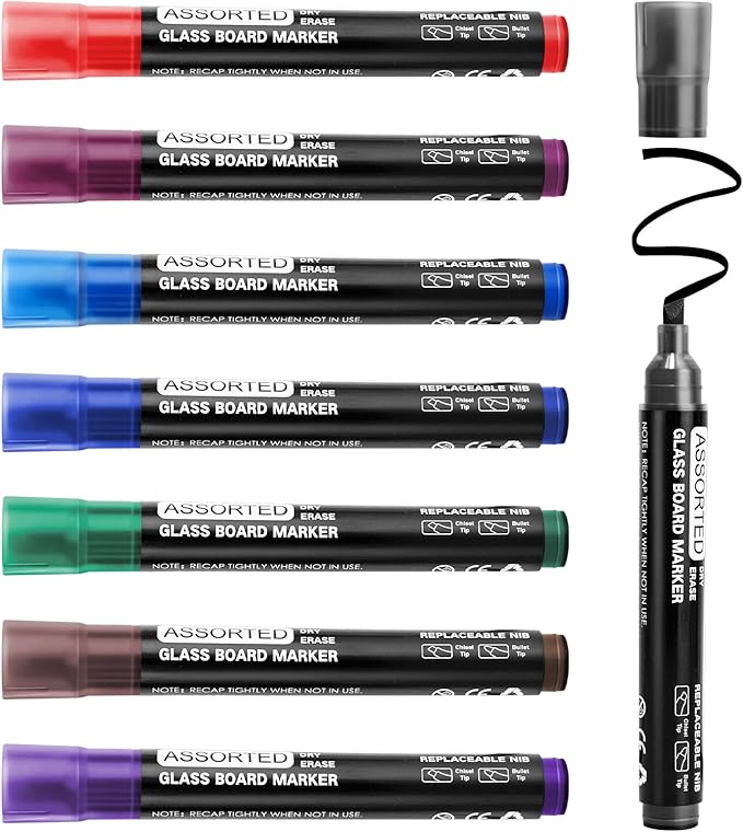 maxtek Dry Erase Markers Chisel Tip, Assorted Colors, Glass Whiteboard Markers for Dry Erase Board, Acrylic Planning Board, Mirrors, Windows, Classroom Must Haves, 8 Count