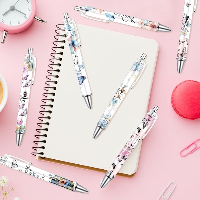 Butterfly Print Ballpoint Pens - 24PCS Kawaii Butterfly Pens Set Retractable Positive Affirmation Pens Smooth Writing Pens for Office Stationery Home School Supplies for Women Teacher Gifts