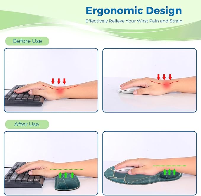 Mouse Pad and Keyboard Wrist Rest Support, with Non-Slip PU Base,Gel Mouse Pad with Coaster,Pain Relief for Gaming, Computer,Office -Green Leaves