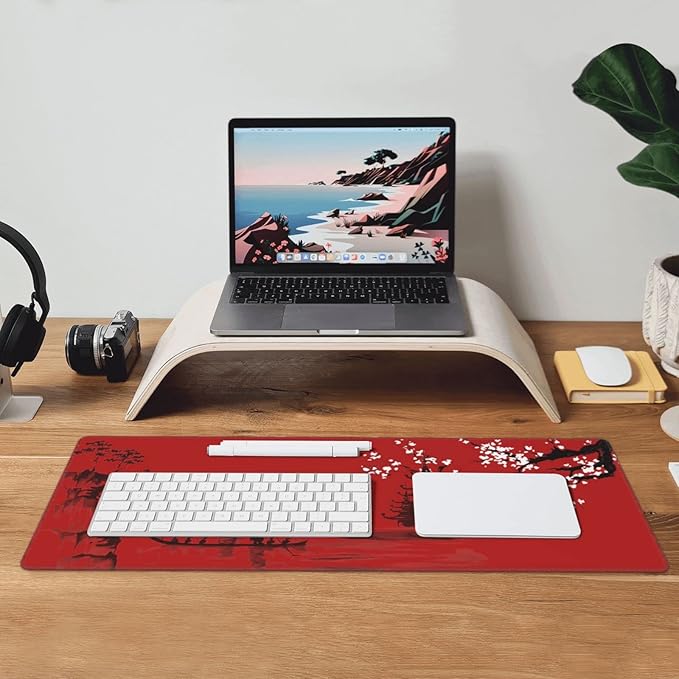 Large Red Mouse Pad XL Japan Cherry Blossom Extended Anime Gaming Mice Pad Long Keyboard Desk Mat with Non-Slip Rubber Base for Office Laptop Computer 31.5'' X 12''