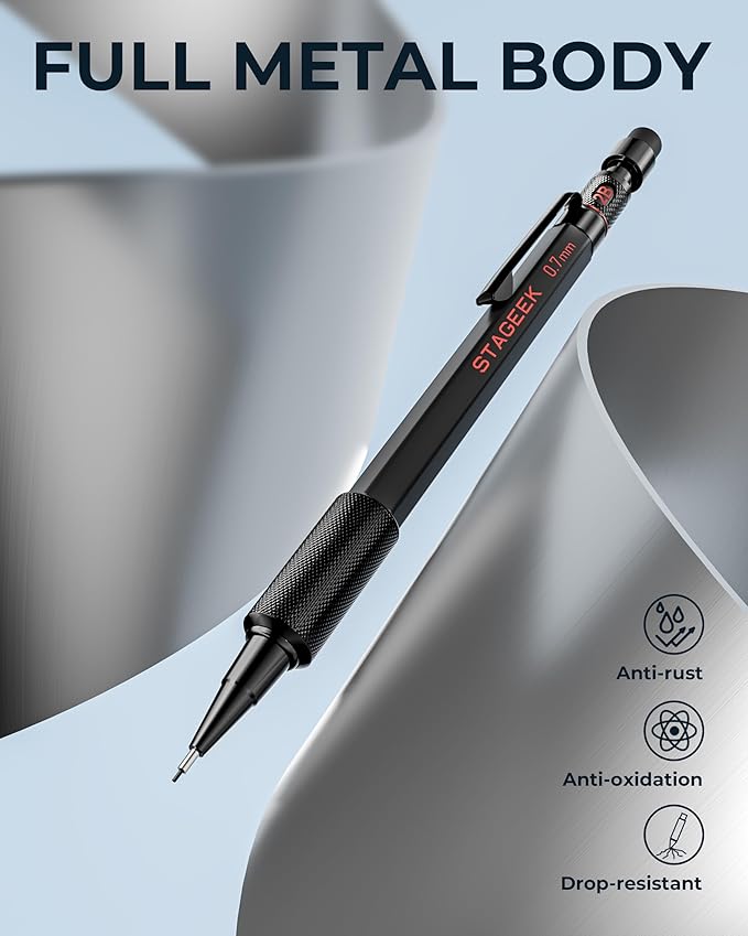 Mechanical Pencils 0.7mm with Case, Metal Weatherproof Body Outdoor Artist Mechanical Pencil with 120 PCS HB & 2B Lead Refills, Eraser, for Writing Drafting Drawing and Sketching