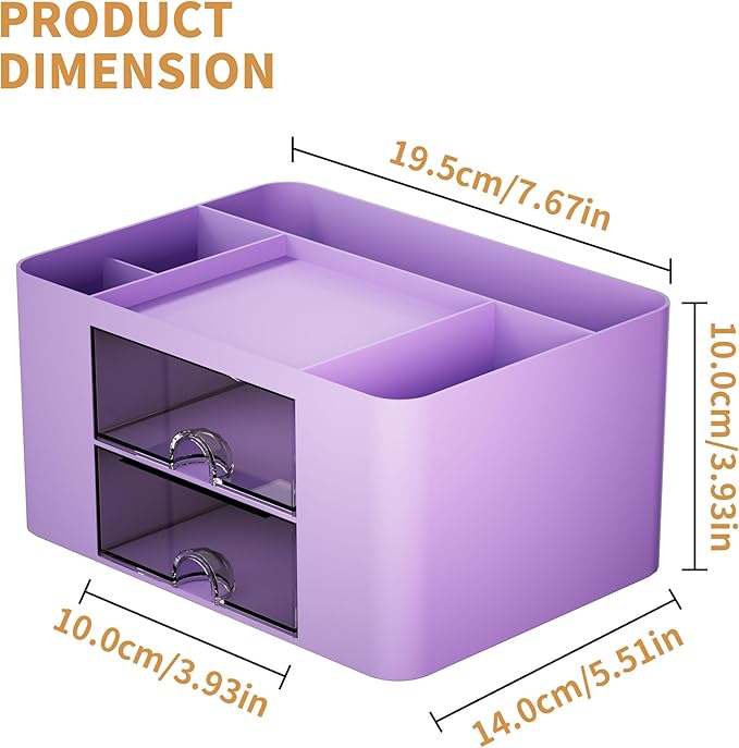 Marbrasse Pen Organizer with 2 Drawer, Multi-Functional Pencil Holder for Desk, Desk Organizers and Accessories with 5 Compartments + Drawer for Office Art Supplies (Purple)