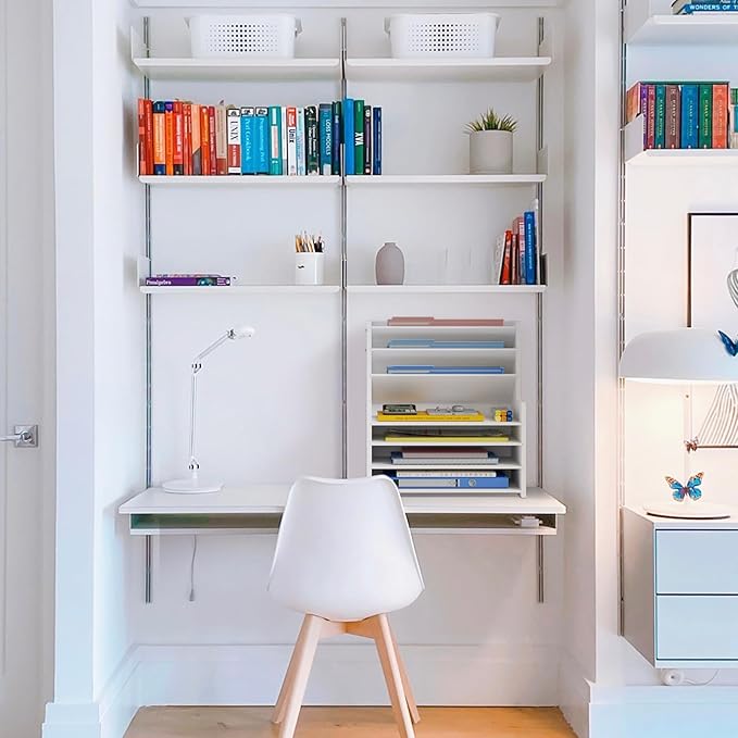 Wood Office Desk File Organizer - 7 Tier Desk Top Storage Shelf Stationary Workspace Organization Small Wooden Desktop Paper Tray,White