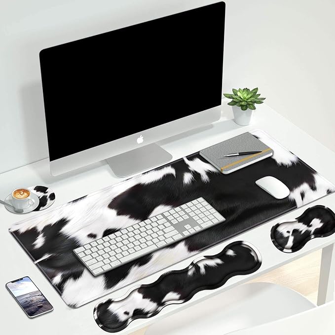 4 in 1 Ergonomic Keyboard Wrist Rest & Mouse Pad Wrist Rest Set, Large XXL Gaming Desk Mat 31.5"x 11.8" with Non-Slip Base, Memory Foam for Home Office Study Gaming, Black and White Cow Print