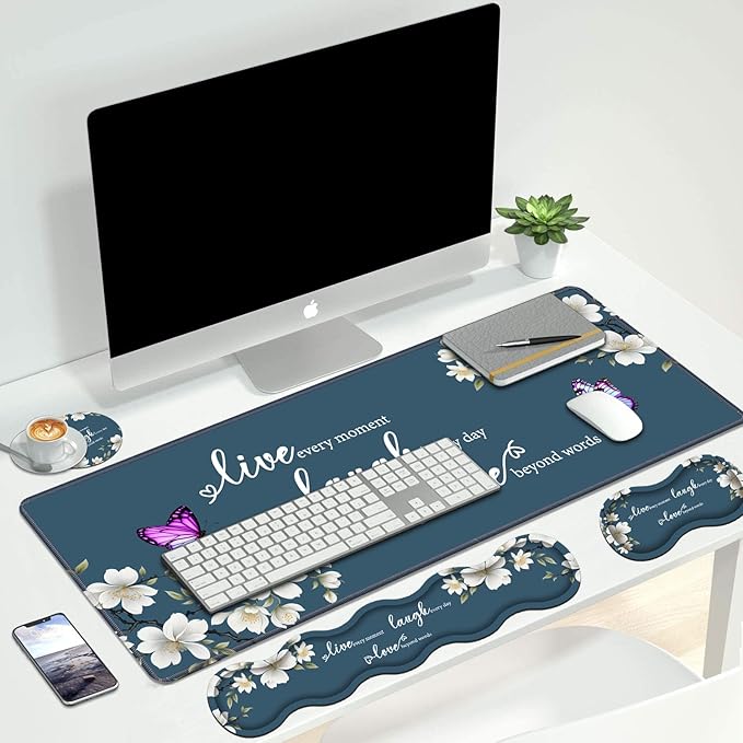 4 in 1 Ergonomic Keyboard Wrist Rest & Mouse Pad Wrist Rest Set, Large XXL Gaming Desk Mat 31.5"x 11.8" with Non-Slip Base, Memory Foam for Home Office Study Gaming, Floral Quote Live Laugh Love
