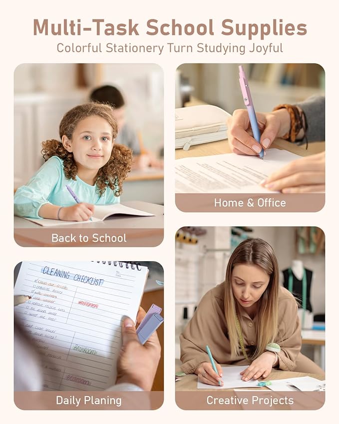 Four Candies 39 PCS Aesthetic School Supplies with Cute Pen Case, 12 Pastel Highlighters, 5 Black Ink Gel Pens, 6 Mechanical Pencils Set for Students Stationary College Essentials (Cream)