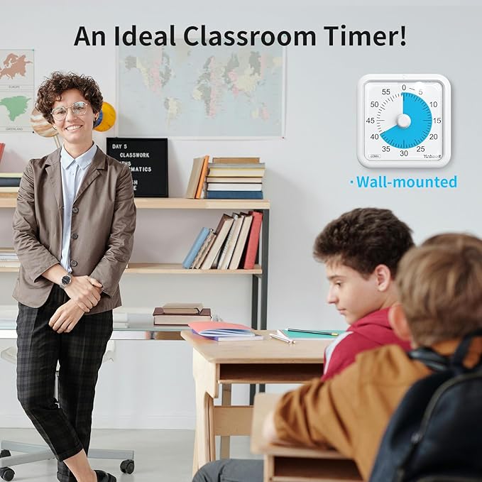 Yunbaoit 16cm Classroom Visual Timer with Optional Alert Modes, 60 Minute Oversize Visual Countdown Timer for Kids and Adults, Silent Magnetic Kitchen Timer with Kickstand(White Blue)