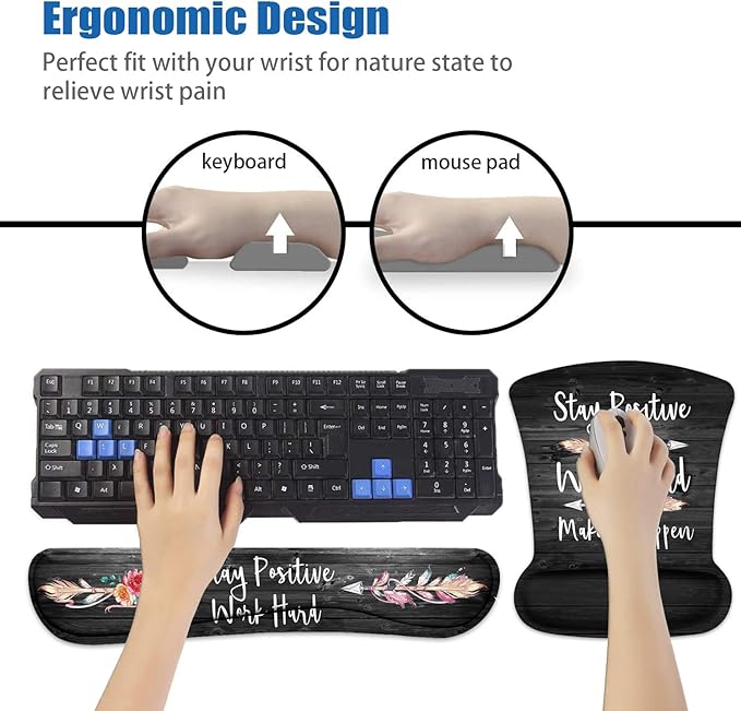 Mouse Pad Wrist Support and Keyboard Wrist Rest Set with Coasters, Stay Positive Work Hard and Make It Happen Inspirational Quote Wrist Mouse Pad with Non-Slip PU Base for Home Office Working Studying
