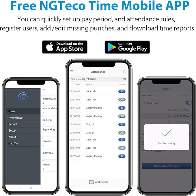 NGTeco Fingerprint Time Clock, W2 Biometric Employee Attendance Machine for Small Businesses and Offices, Fingerprint Scanner, 2.4GHz LAN WiFi Connectivity, iOS/Android App (No Monthly Fee)