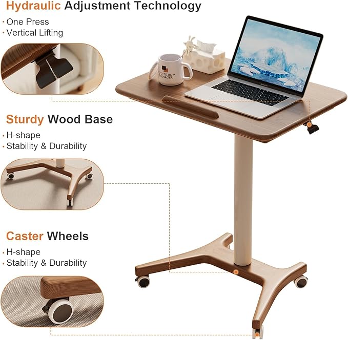 Rolling Standing Desk,Rolling Desk Adjustable Height with Wheels Rolling Desk for Home Office, Bedroom,Couch(Walnut)