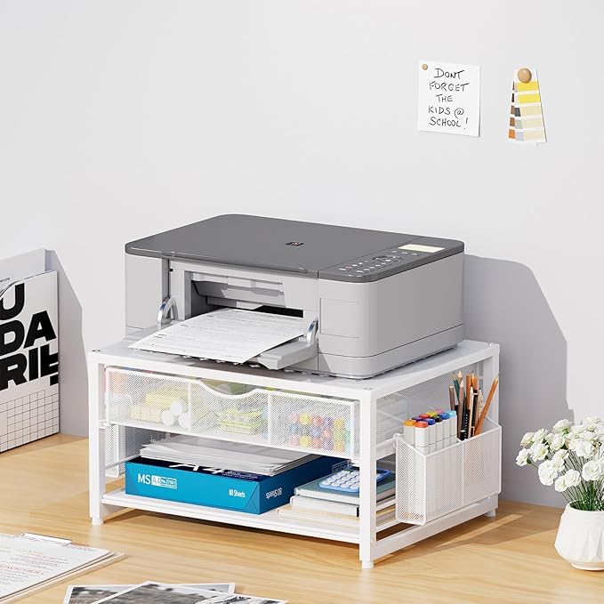 Marbrasse Metal Printer Stand for Desk with Storage Drawer and 2 Pen Holders, 2-Tier Desktop Organizer Printer Table for Home Office, Multi-Purpose Desk Organizer for Fax Machine Scanner Files(White)