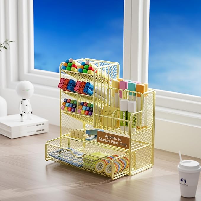 Marbrasse Mesh Pen Holder for Desk, Multi-Functional Pencil Organizer with Drawer, Desk Organizers and Accessories for Office Art Supplies (Gold-Applies to Marker Pens Only)