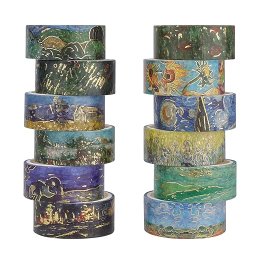 Lychii Washi Tape Set, 12 Rolls Gold Foil Van Gogh Oil Painting Patterns 5M/16.4Ft Long Decorative Masking Tapes for Planners, Calendar, Scrapbook, Journal - 15 mm
