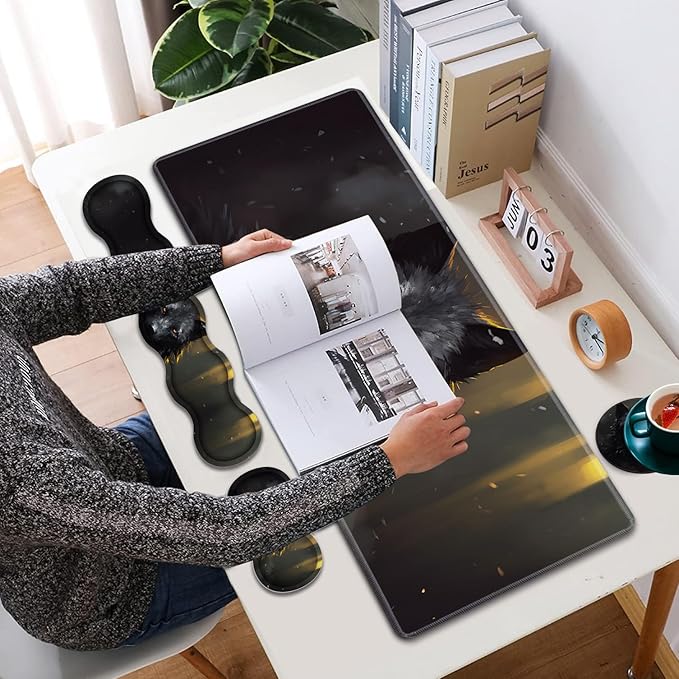 Large XXL Gaming Desk Mat 31.5"x 11.8", Ergonomic Keyboard Wrist Rest & Mouse Pad Wrist Rest + Coaster Set, Non-Slip Base, Memory Foam, Office and Home, Black Wolf