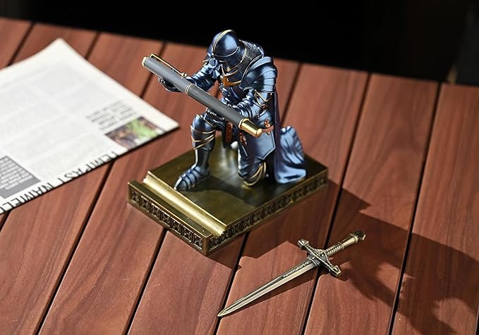 Medieval Armored Warrior Wearing Outerwear, Mobile Phone Stand Knight Pen Holder Desk Organizers, Resin Bookends Paperweight with a Letter Opener for Desk (Blue)