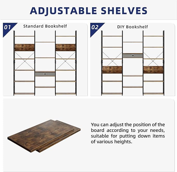 NUMENN Bookcases and Bookshelves Triple Wide 6 Tier Bookshelf, Large Etagere Bookshelf with Storage Drawer, Adjustable Open Display Shelves for Living Room Bedroom Home Office, Vintage