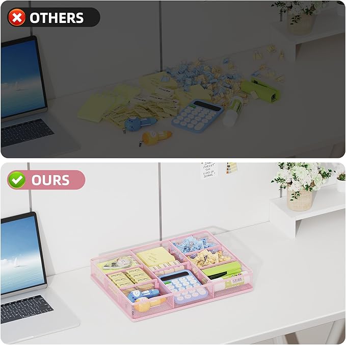 Marbrasse 2P Pink Desk Drawer Organizer, Metal Mesh Drawer Organizer Tray with 5 Adjustable Compartments,Desk Organizers and Accessories for Home,Office,Kitchen,Makeup,Vanity (Pink)