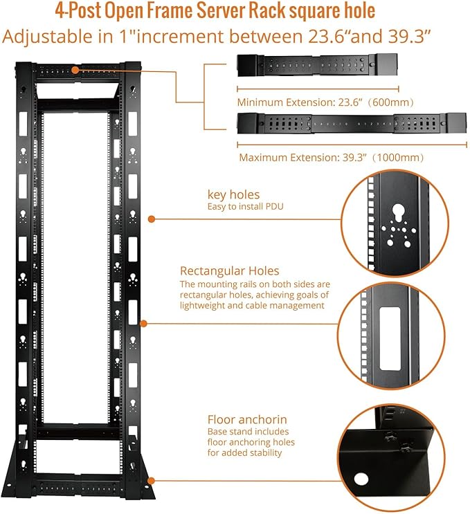 45U Open Frame Server Rack,4-Post Adjustable Depth 23.6 inch-39.3 inch Frame Rack,Professional It Rack for 19 inch Computer/AV/Data/IT Equipment,Square Hole