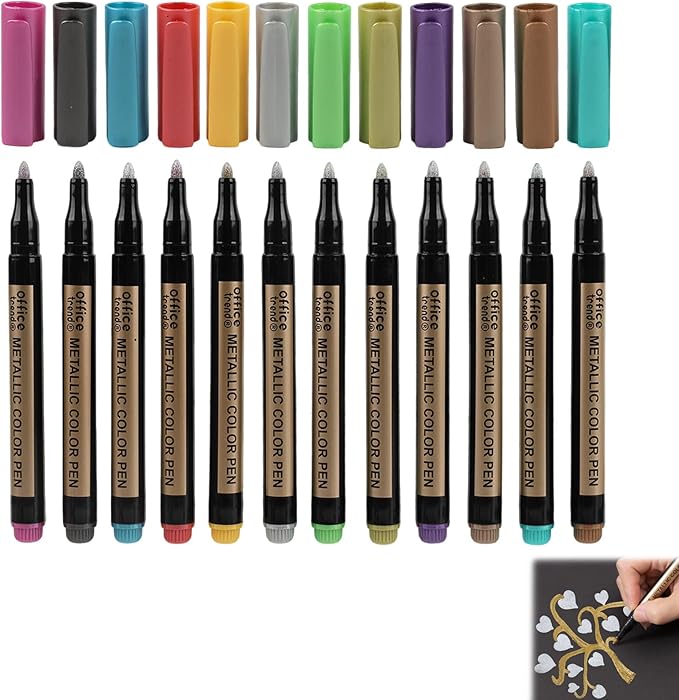 12 Colors Metallic Paint Markers, Medium Tip Acrylic Paint Pens for Black Paper, Scrapbooking Supplies for Vision Board and Art Crafts, Metallic Markers for Rock Painting and Photo Albums