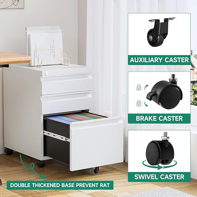 Letaya 3 Drawer Mobile File Cabinet with Lock, Under Desk Metal Rolling Filing Cabinets for Home Office Organizer Letters/Legal/A4 (White- Requires Installation) (White)