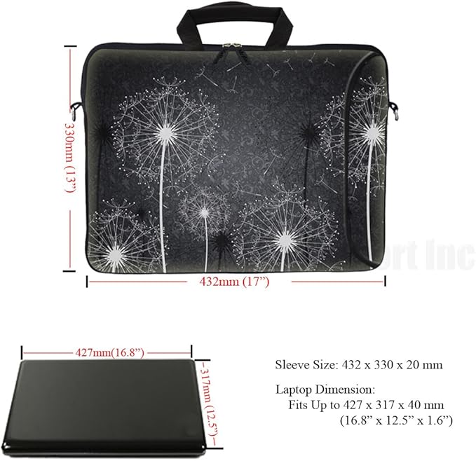 Meffort Inc 17 Inch Neoprene Laptop Bag with Extra Side Pocket, Soft Carrying Handle & Removable Shoulder Strap Fit 16" to 17.3" Size - Black White Dandelion
