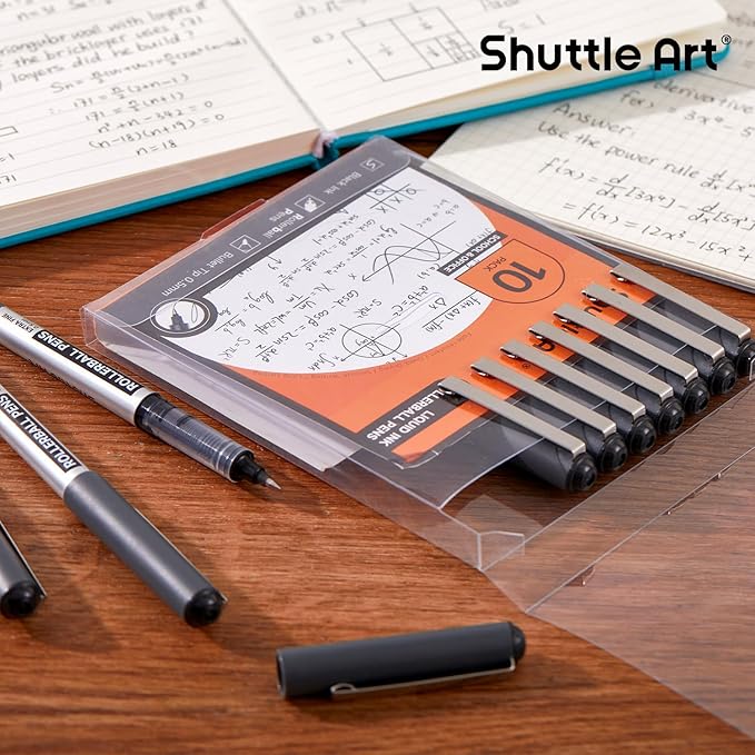 Shuttle Art Rollerball Pens, 10 Pack 0.5mm Extra Fine Point Black Liquid Ink Pens, Quick Drying & Long Lasting Pens Black Ink for Writing, Journaling, Notes Taking, School Office Supplies