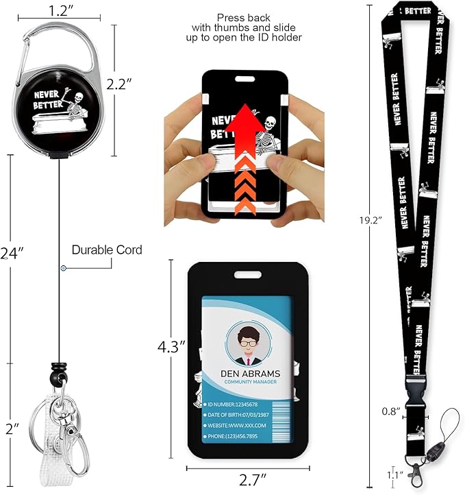 Lanyards for Id Badges, Funny Badge Holder with Retractable Badge Reel Clip, Skull Skeleton Work Card Name Tag Keychain Lanyard Vertical ID Card Protector for Women Nurse Doctor Teacher Student