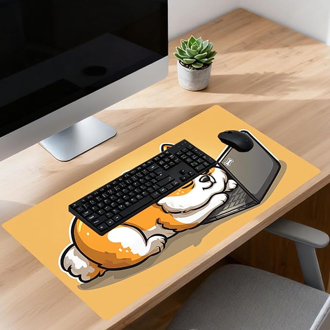 Nuxovilar Professional Large Mouse Pad & Computer Game Mouse Mat (35.4x15.7IN, Corgi with Laptop Art) (90 * 40cm Corgi with Laptop)