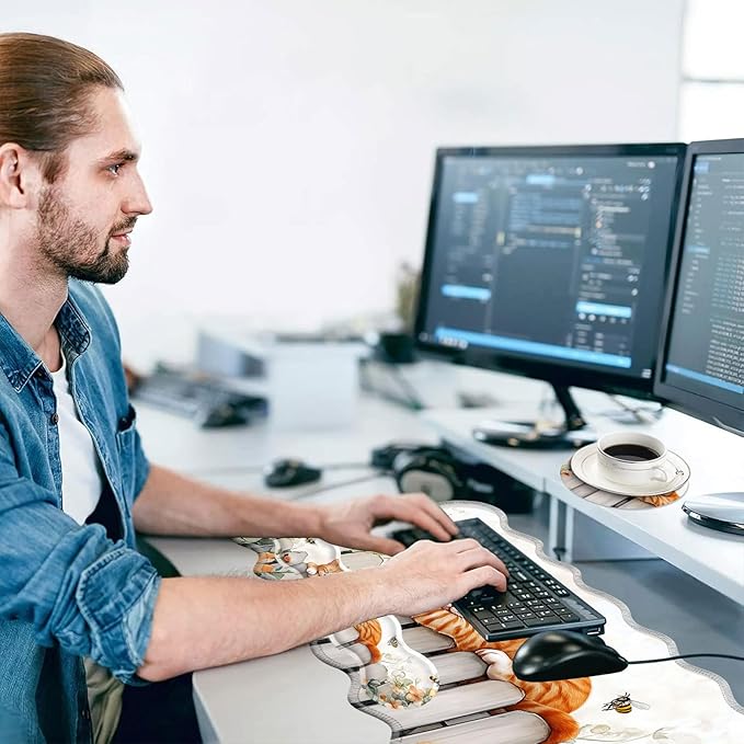 Large Mouse Pad and Keyboard Wrist Rest, Desk Pad for Keyboard and Mouse, 4-in-1 Large Gaming Mouse Pad with Wrist Support, Desk Mat for Home Office Study Game-Sleeping Cat on Fence