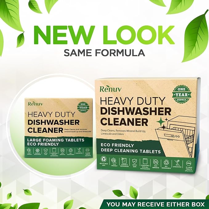 Heavy Duty Dishwasher Cleaner and Deodorizer Tablets, Descaler, Deep Cleaning, Natural Odor and Smell Remover, Calcium, Limescale, Hard Water Marks, Grease, Septic Safe Pods (12 Tabs - 1 Yr Supply)