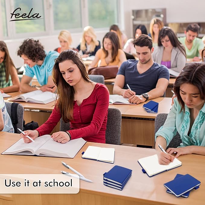 feela 6 Pack Pocket Mini Notebooks Bulk, Small Cute Memo Notepads Hardcover College Ruled Lined Journals with Pen Holder for School Business Work, with 6 Black Pens, 3.5”x 5.5”, A6, Navy