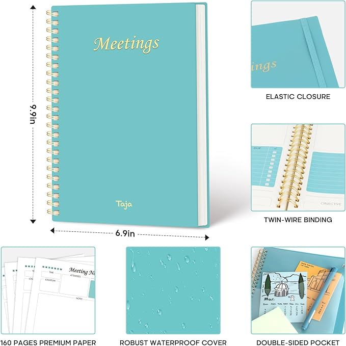 Meeting Notebook For Work Organization - Work Planner Notebook With Action Items, Agenda Planner For Note Taking, 160Pages (6.9" X 9.9") Project Planner For Men & Women - Blue
