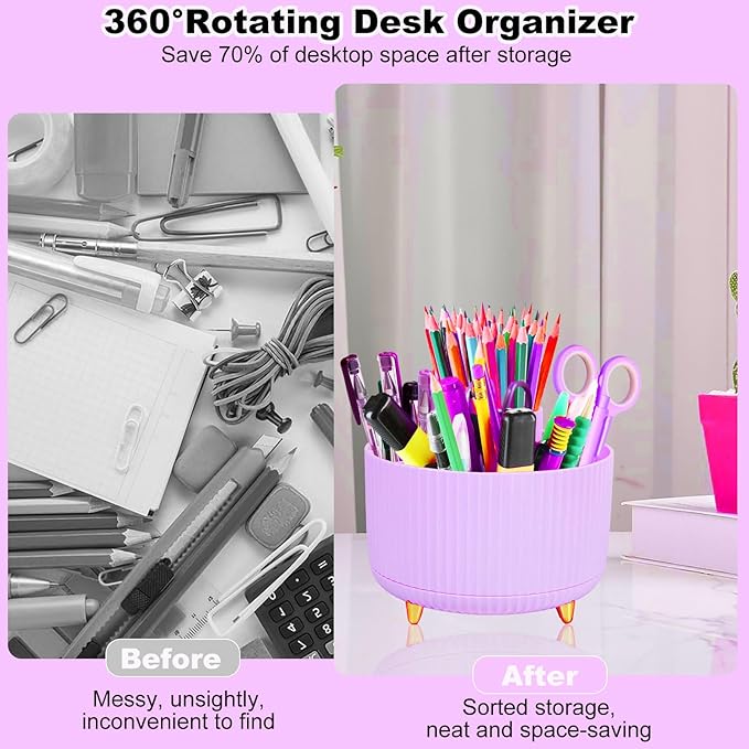 Desk Organizers and Accessories Set with 360-Degree Rotating Pen Holder, Tape Dispenser, Stapler, Staple Remover, 1000 Staples, Tape, Clips Set, Ruler, Scissor, Pen