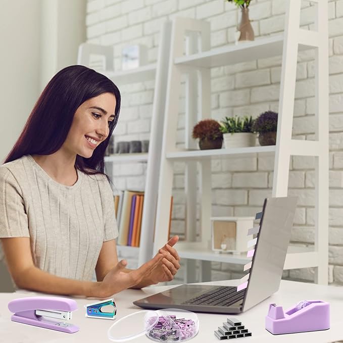 Purple Office Supplies Set, UPIHO Stapler and Tape Dispenser Set, Office Desk Accessories Kit with Stapler, Tape, Remover, Staples, Clips, Scissor and Tabs for Women, Clerks…