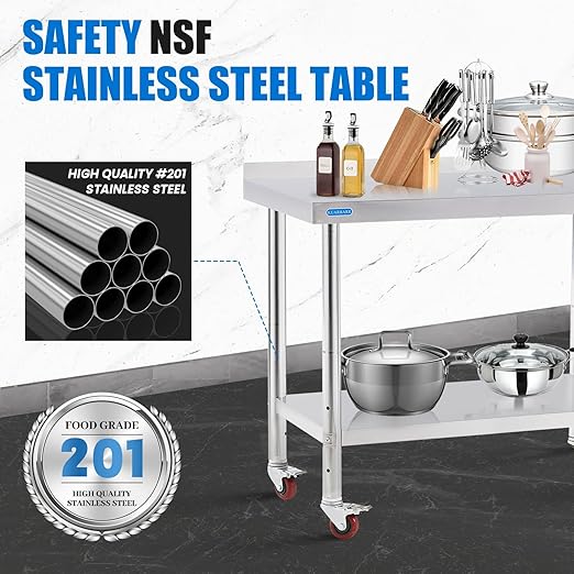 Stainless Steel Table for Prep & Work with 4 Caster Wheels with Backsplash 24 x 48 NSF Metal Commercial Kitchen Adjustable Under Shelf Worktable for Restaurant Home Outdoor
