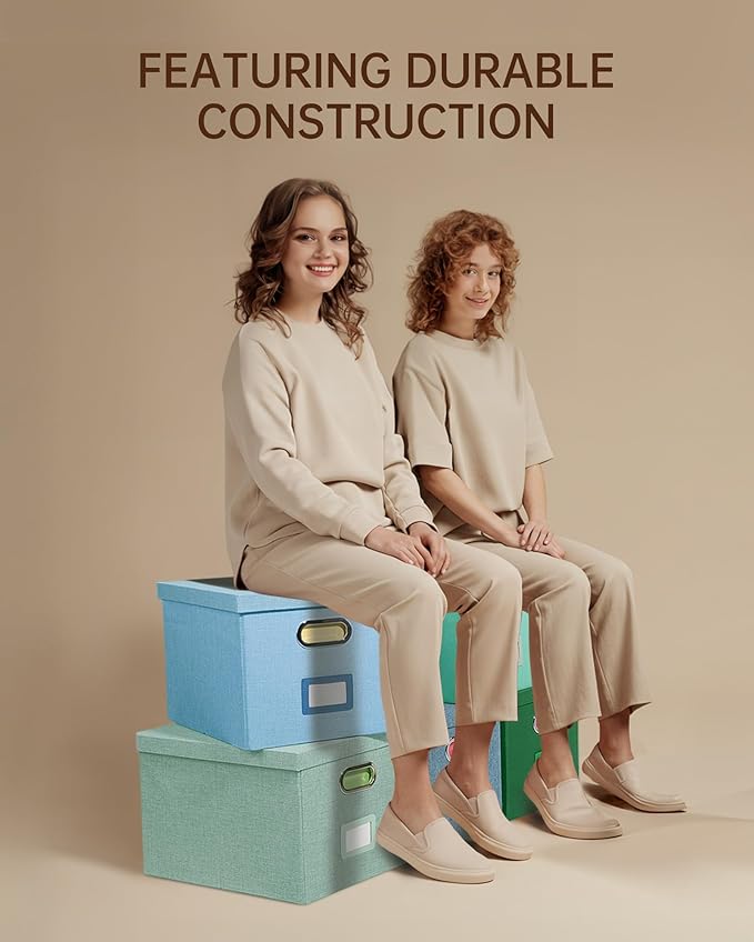 Oterri File Organizer, File Box, File Cabinet for Letter File Folder Storage, Portable Storage Bins with Lids for Office/Decor/Home,Document Organizer, 1 Pack,Green-Box Only