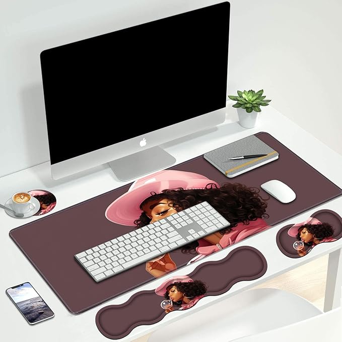 4 in 1 Ergonomic Keyboard Wrist Rest & Mouse Pad Wrist Rest Set, Large XXL Gaming Desk Mat 31.5"x 11.8" with Non-Slip Base, Memory Foam for Home Office Study Gaming, African American Black Girl
