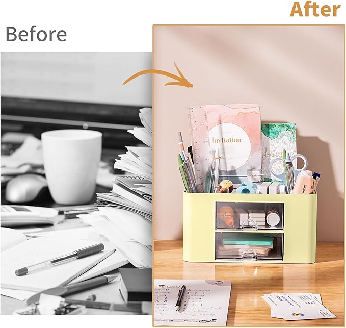 Marbrasse Pen Organizer with 2 Drawer, Multi-Functional Pencil Holder for Desk, Desk Organizers and Accessories with 5 Compartments + Drawer for Office Art Supplies (Yellow)