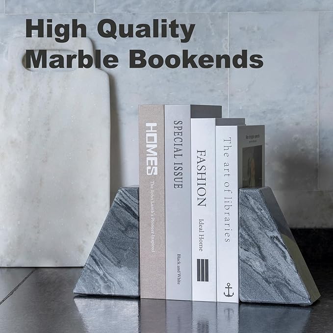 Marble Bookends for Heavy Books, Decorative Book Ends for Shelves, Unique and Heavy-Duty Book Ends for Hardback Book & CDS, Stone Book Stopper, Modern Book Holder, Monte Grigi, Set of 2