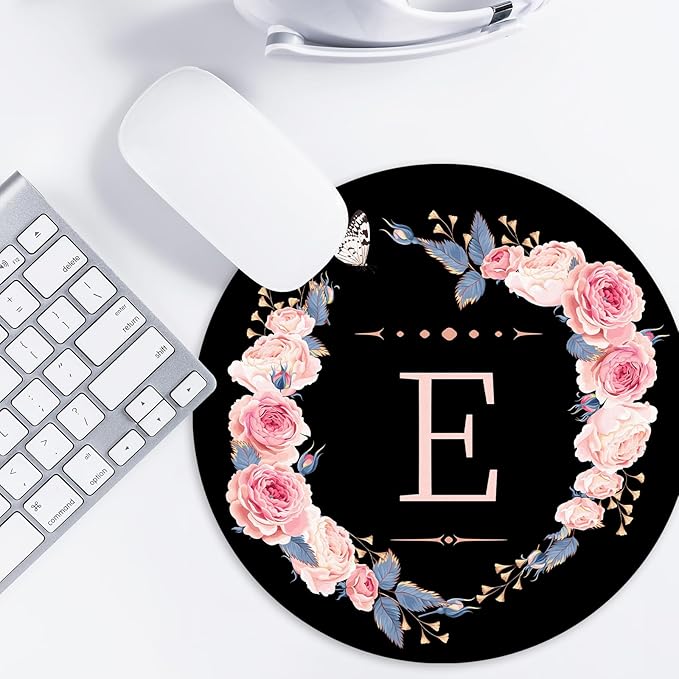 Letter E Round Mouse Pad in Black & Pink Flowrs - Funny Home Office Decor, 8.7" Round Mouse Mat with Non-Slip Base