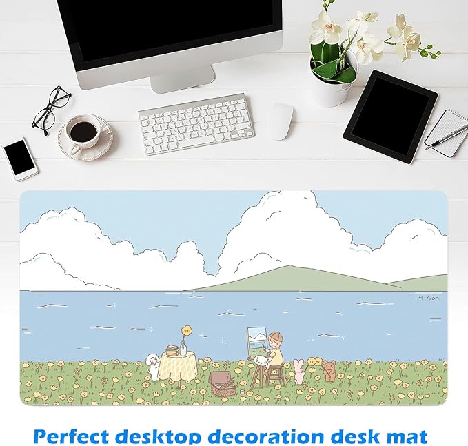 MAYCARI Cute Desk Mat Kawaii Mousepad, Anime Aesthetics Desk Pad XXL Cute Green Blue Nature Mouse Pad Computer Keyboard Mat, Office Desk Pad Protector 31.5"X15.7"