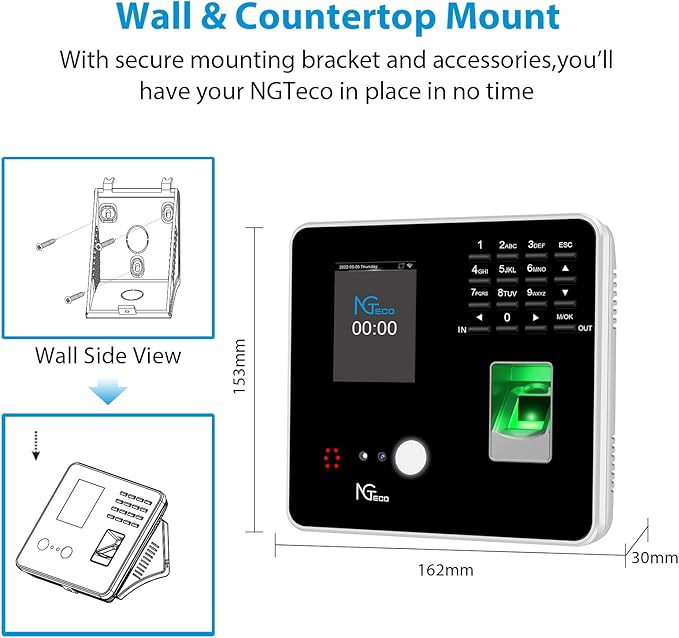NGTeco Time Clocks for Employees Small Business with Face, Finger Scan, RFID and PIN Punching in One, MB2 Office Time Card Machine Automatic Punch with APP for iOS Android (0 Monthly Fee)