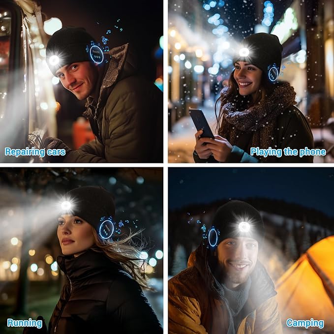 Bluetooth Beanie with Light, Headlamp Hat with Headphones and Built-in Speaker Mic, Unique Christmas Gifts for Men Husband