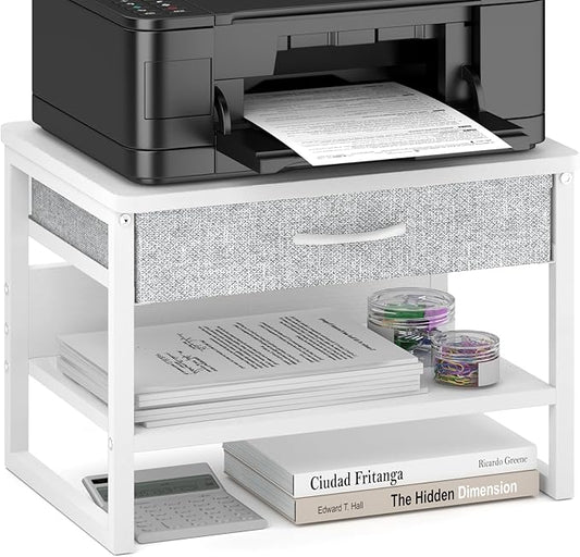 MARTY Printer Stand with Storage Drawer for Desk, 2-Tier Desktop Printer Stand Shelf Organzier for Home Office Printer Riser Under Desk Small Printer Table for Fax Machine Copier Scanner (White)