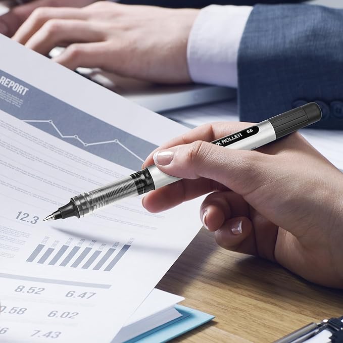 EYEYE Rollerball Pens 0.5mm, 6 Black 6 Blue Roller Ball Pen Extra Fine Point Quick Dry, Liquid Ink Pens Fine Point Smooth Writing Pen for Journaling, Note Taking, Office, School Supplies