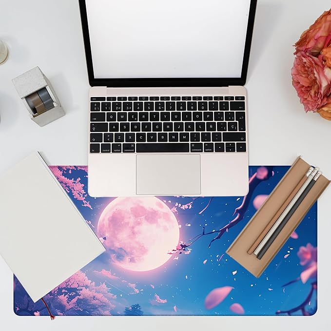 Large Gaming Mouse Pad for Desk, Falling Cherry Blossoms Desk Mat, Bright Full Moon Desk Pad, 31.5"x15.7" Extended Big Computer Keyboard Mouse Pad with Non-Slip Base and Stitched Edge