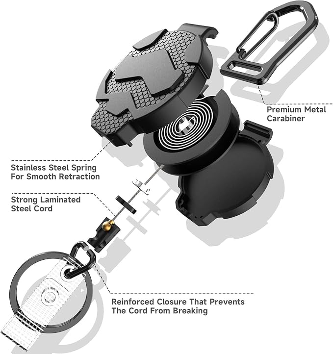 Retractable Keychain Badge Holder with Belt Clip, Heavy Duty Carabiner ID Badge Clip Reel, 32” Steel Retractable Cord, 10 oz Rebound,1pcs Black Keychain