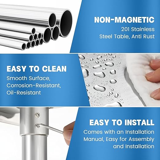 Stainless Steel Table for Prep & Work with Backsplash 24 x 30 Inches NSF Metal Commercial Kitchen Adjustable Under Shelf Worktable for Restaurant Home Outdoor