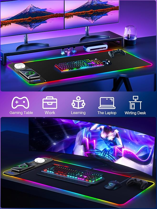 Magnetic RGB Gaming Mouse Pad 31.5x15.75 Inch, 15W Fast Wireless Charging Desk Mat, XXL Desk Pad with 11 RGB Lighting Modes, Home Office Large Keyboard Pad with Ultra-Smooth Surface, Non-Slip Base