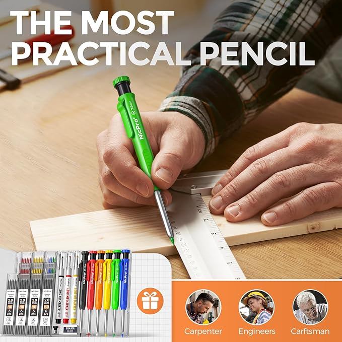 Nicpro 6 Pack CP1000 Carpenter Pencils with Sharpener, Mechanical Pencil Set with 66 Refills, Deep Hole Long Nib Marker Pens, Heavy Duty Woodworking Tools Construction Pencil for Architect Marking